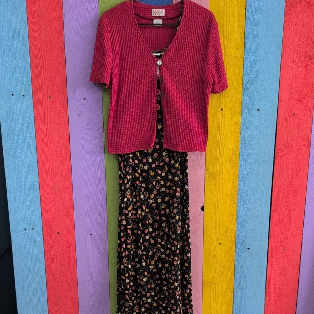 Vintage Red and Black Casual Sundress And Cardigan